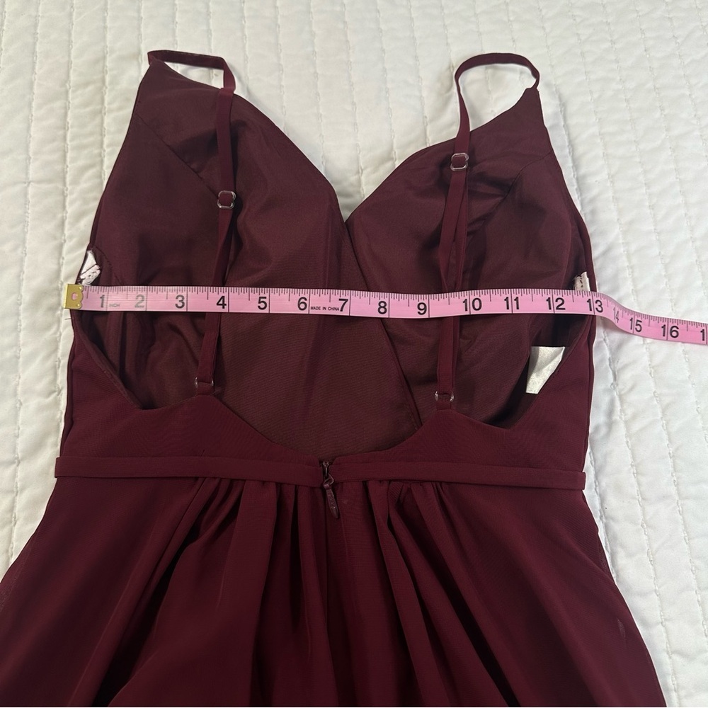 JJ HOUSE Floor Length Bridesmaid Gown in Burgundy With Slit And Low Back Size 0 - Picture 15 of 16